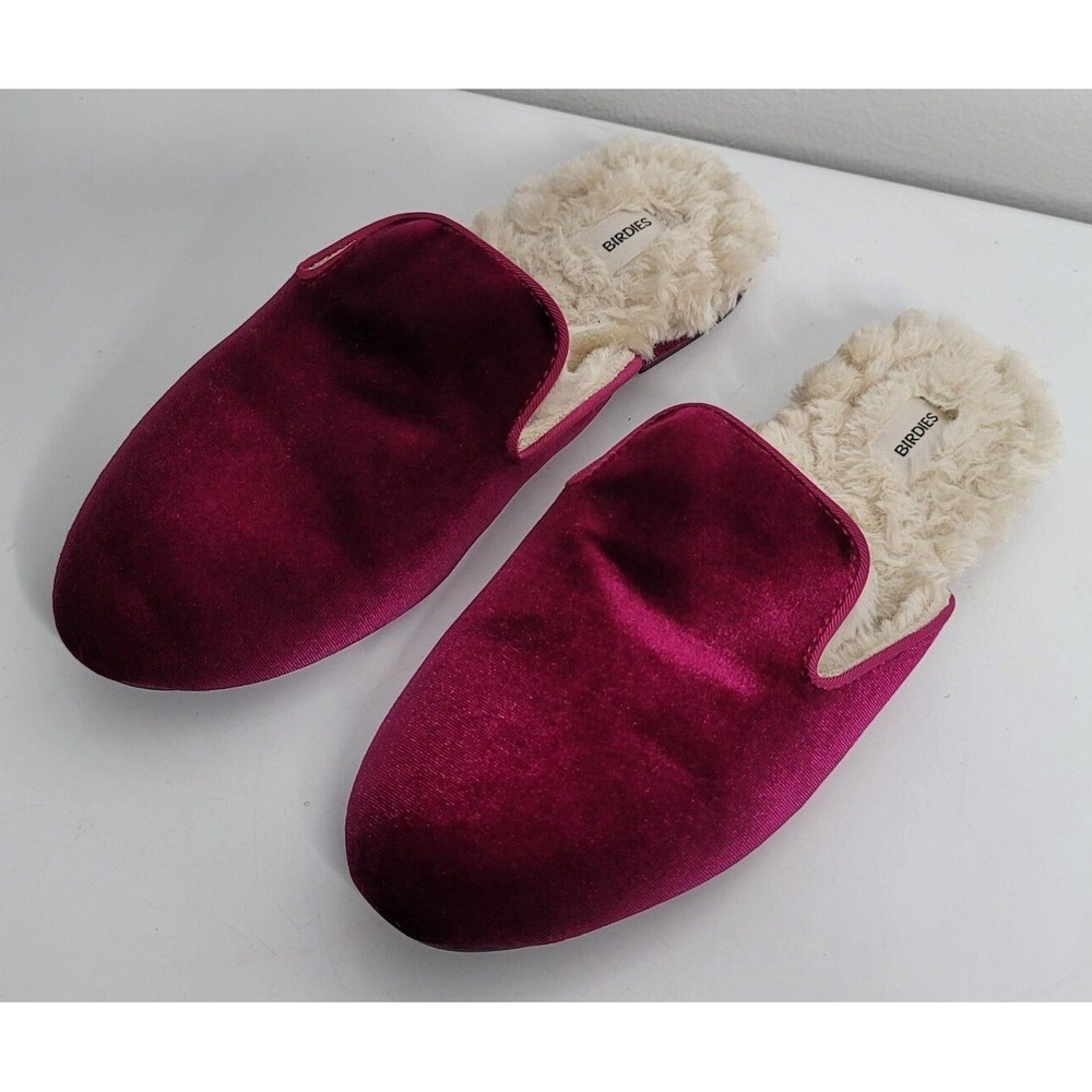Birdies Womens The Phoebe Size 7 Velvet Slip on Mule Flats Faux Fur Wild Berry